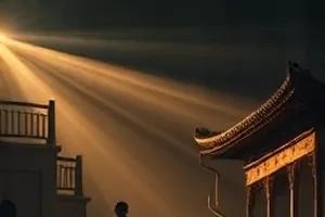 首屏横版主视觉：雨夜码头与亮着灯的长镜头走廊，画面右侧站着撑伞的人